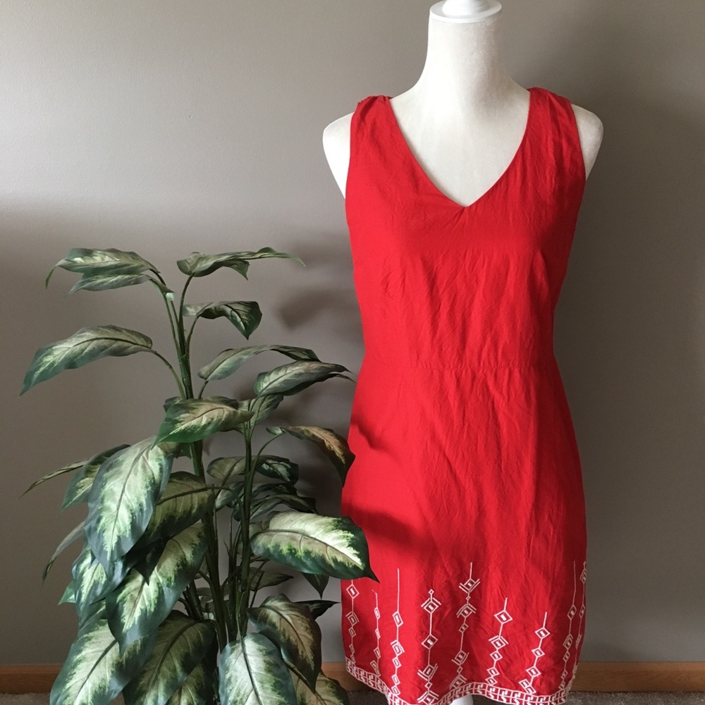 The Loft- Red Shift Dress with White Stitching